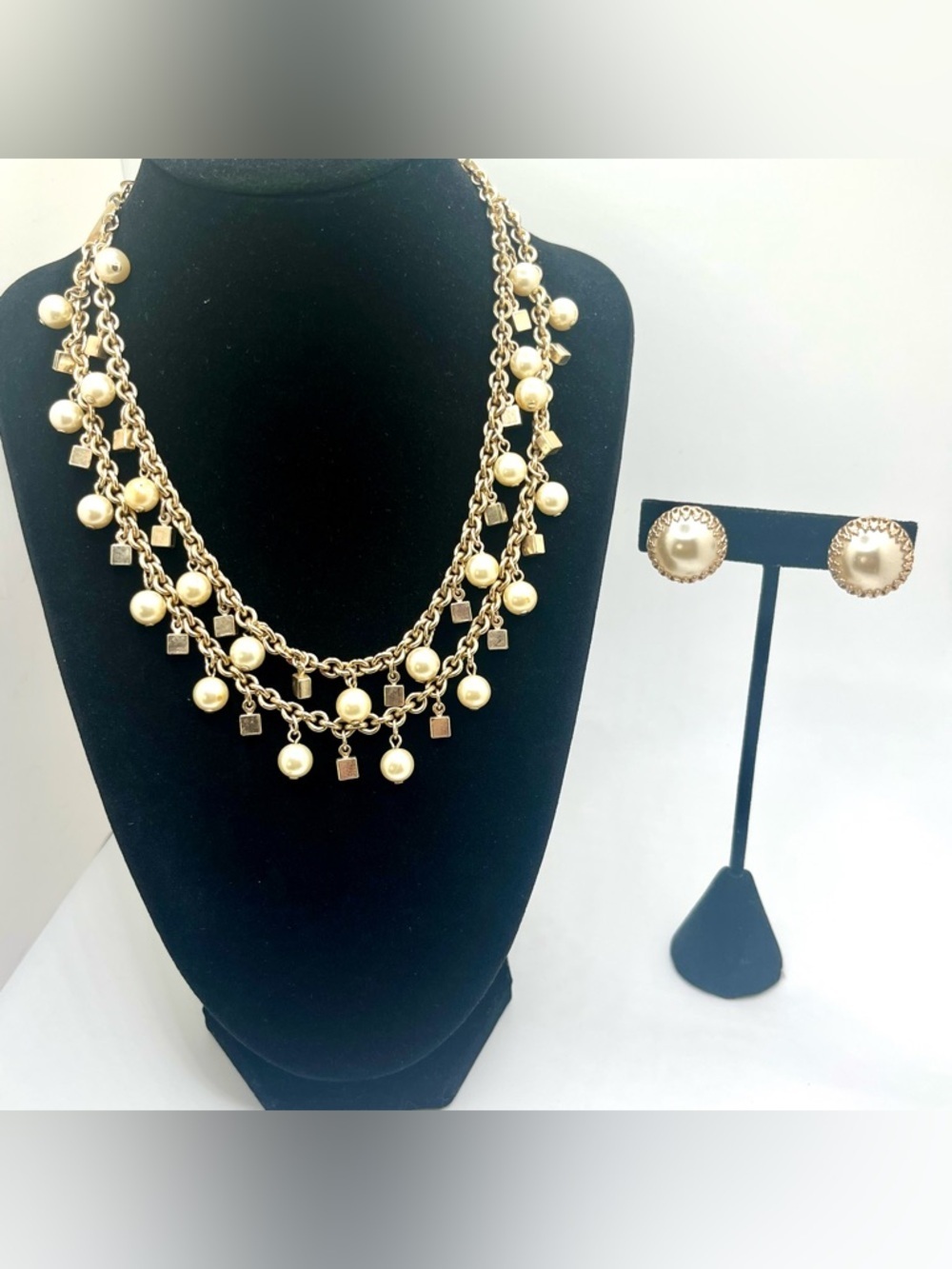 Barclay vintage gold tone multi strand necklace pearl dangle set